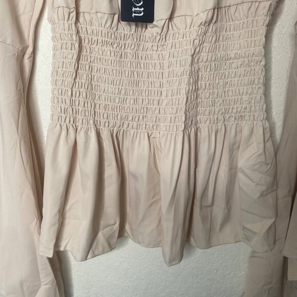 NWT Boosom Off-Shoulder Smocked Peplum Top Womens Size S Tan Flared Sleeves Boho - Picture 4 of 12